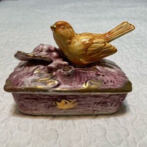 Vintage Handcrafted Ceramic Bird Trinket Box - Purple and Gold  Made in Japan